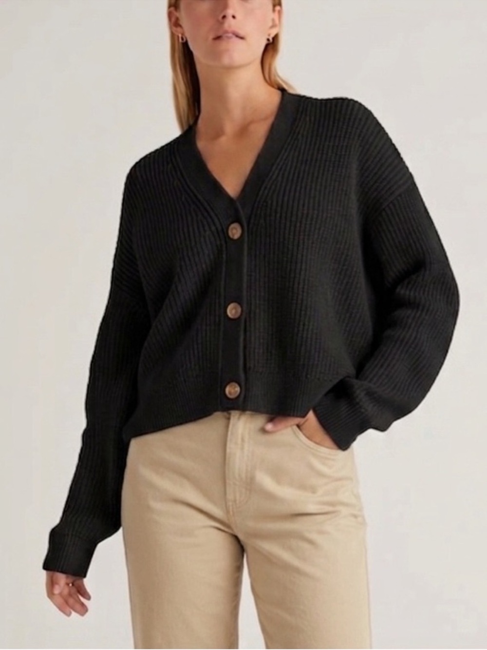 Pact Women's Luxe Knit Cropped Cardigan Black Sz L 100% Organic Cotton